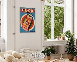 Affiche d'illustration vintage de Cock Matchbox, publicité rétro amusante de poulet, mur