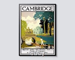 Affiche d'illustration vintage des chemins de fer britanniques de Cambridge, art mural de voyage au Royaume-Uni