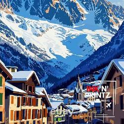 Affiche de Chamonix, France, art de ville alpine, affiche du Mont Blanc, Alpes françaises.