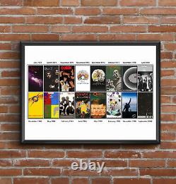 Affiche de la discographie complète de Queen avec tous les 16 albums studio - Un super cadeau pour la fête des pères