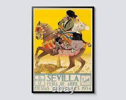 Affiche de voyage vintage de Séville en Espagne, art mural sur le thème du cheval et de la Méditerranée