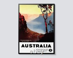 Affiche de voyage vintage des Blue Mountains en Australie, art mural de la vallée brumeuse des montagnes