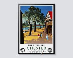 Affiche de voyage vintage des chemins de fer britanniques de Chester, Angleterre, art mural de la rivière et de l'arbre.