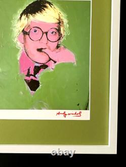 Andy Warhol + Rare 1984 David Hockney Imprimé Maté Et Encadré