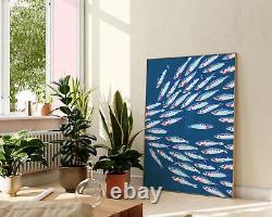 Banc de poissons bleus, illustration vintage, art mural graphique de la nature marine, portrait