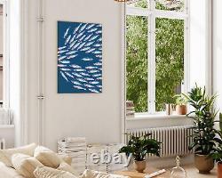 Banc de poissons bleus, illustration vintage, art mural graphique de la nature marine, portrait