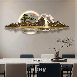 Cadre mural de luxe en art naturel : Lune LED et sérénité des montagnes 120x40 cm