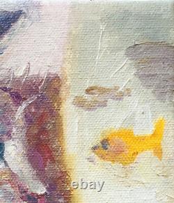 Cat Goldfish, 8x10, Edition Limitée, Peinture À L'huile Sur Toile, Cadre