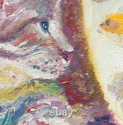 Cat Goldfish, 8x10, Edition Limitée, Peinture À L'huile Sur Toile, Cadre