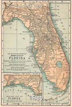 Encadrée Original 1896 Antique Carte Floride Cape Coral Boca Raton Clearwater Largo