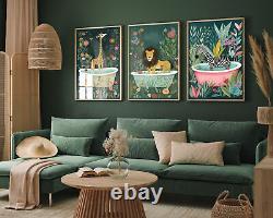 Ensemble d'impressions d'art animalier de bain botanique comprenant trois affiches de peinture de lion, zèbre et girafe
