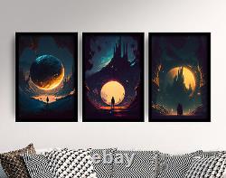Ensemble de trois affiches d'art imprimées représentant des paysages futuristes de planètes et de lune extraterrestres dans le genre science-fiction