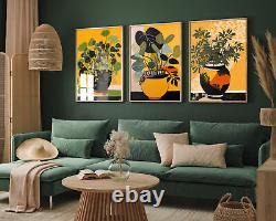 Ensemble de trois affiches d'impression artistique de peintures de plantes vertes feuillues et fleurs botaniques