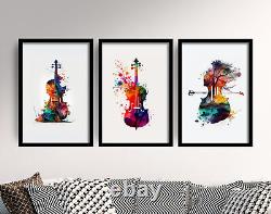 Ensemble de trois peintures de violon en aquarelle - Affiche artistique d'instruments de musique