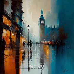 Grande peinture à l'huile Big Ben Londres Pluie Luxe Toile Murale Image Impression Colorée