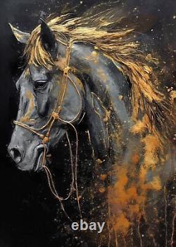 Gravure d'art murale de cheval Tête Impressions d'animaux Peinture d'art murale grand format noire et dorée