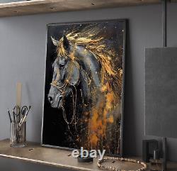 Gravure d'art murale de cheval Tête Impressions d'animaux Peinture d'art murale grand format noire et dorée