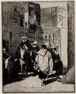 Gravure signée de Mortimer Luddington Menpes : Figures et âne dans une scène de rue