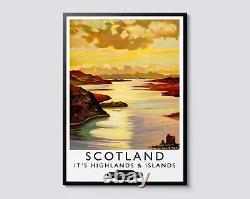 Hautes terres et îles de l'Écosse Chemins de fer Illustration vintage, affiche de voyage murale