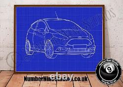 Illustration de la Ford Fiesta ST BLUEPRINT, haute qualité, signée par l'artiste