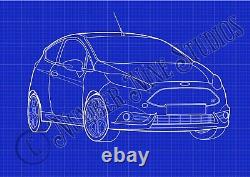 Illustration de la Ford Fiesta ST BLUEPRINT, haute qualité, signée par l'artiste