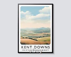 Illustration de voyage AONB des Kent Downs, Art mural de paysage anglais pittoresque, Parfait