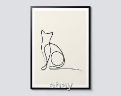 Impression d'art de ligne de chat content, décoration minimaliste boho scandinave, art mural animal