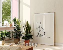 Impression d'art de ligne de chat content, décoration minimaliste boho scandinave, art mural animal