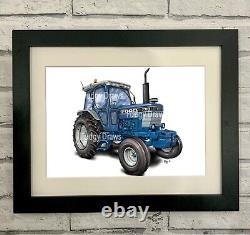 Impression d'art encadrée ou montée de tracteur Ford 7710 dessinée à la main, cadeau unique fudgy