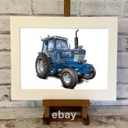 Impression d'art encadrée ou montée de tracteur Ford 7710 dessinée à la main, cadeau unique fudgy