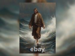 Impression d'une peinture à l'huile inspirante, Jésus Christ marchant sur la mer, Œuvre d'art spirituelle