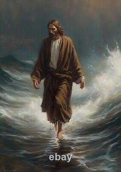 Impression d'une peinture à l'huile inspirante, Jésus Christ marchant sur la mer, Œuvre d'art spirituelle