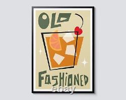 Impression graphique du cocktail Old Fashioned, art mural d'illustration moderne, thème de boisson