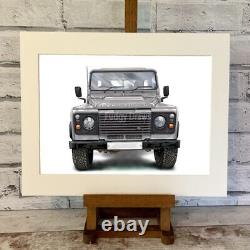 Land Rover Defender avant en argent Monté ou encadré Impression d'art cadeau dessiné par Fudgy