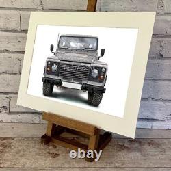 Land Rover Defender avant en argent Monté ou encadré Impression d'art cadeau dessiné par Fudgy