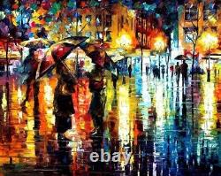 Leonid Afremov (NOUVEAU) Peinture de pluie nocturne sur toile d'art mural image impressionnée.