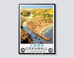 Looe, Cornwall Illustration Vintage des Chemins de Fer Britanniques Art Mural, Décoration de Voyage