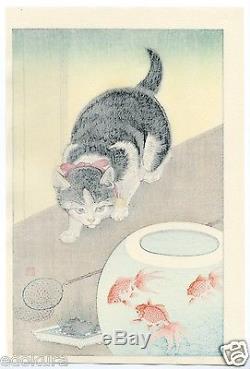 Ohara Koson Shoson Japonais Impression Sur Bois Shin Hanga Chat & Goldfish Bowl