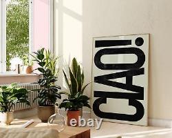 Portrait typographique minimaliste moderne Ciao, décoration murale en noir et blanc, Italie