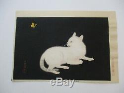 Rare Japonais Woodblock Imprimer Chaton Chat Kitty Blanc Papillon Jaune Vintage