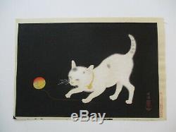 Rare Japonais Woodblock Kitten Cat Imprimer Kitty White W Boule De Fil Mod Vintage