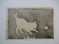 Rare Japonais Woodblock Kitten Cat Imprimer Kitty White W Boule De Fil Mod Vintage