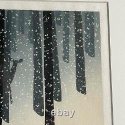 Sabra Field Storm Artist Proof Woodblock Print Deer In Snow Storm Forest Woods