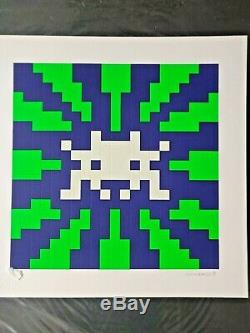 Space Invader Sunset Limited Affiche D'impression Bleu Et Vert Signed Numéroté Gaufrée