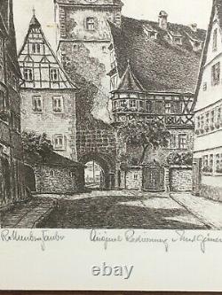 Vintage Ernst Geissendorfer Signé À La Main Rothenburg Ob De Tauber Ink Print 1930s