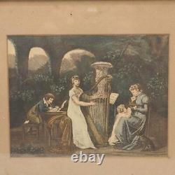 Vintage Lithographie Encadrée Imprimé De Femme Jouant Harp Enfant Écriture Mère Bébé