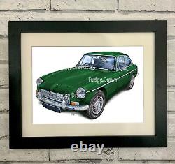 Voiture vintage MGB GT verte montée ou encadrée - Impression artistique unique de Fudgy Draws - Cadeau