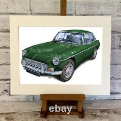 Voiture vintage MGB GT verte montée ou encadrée - Impression artistique unique de Fudgy Draws - Cadeau